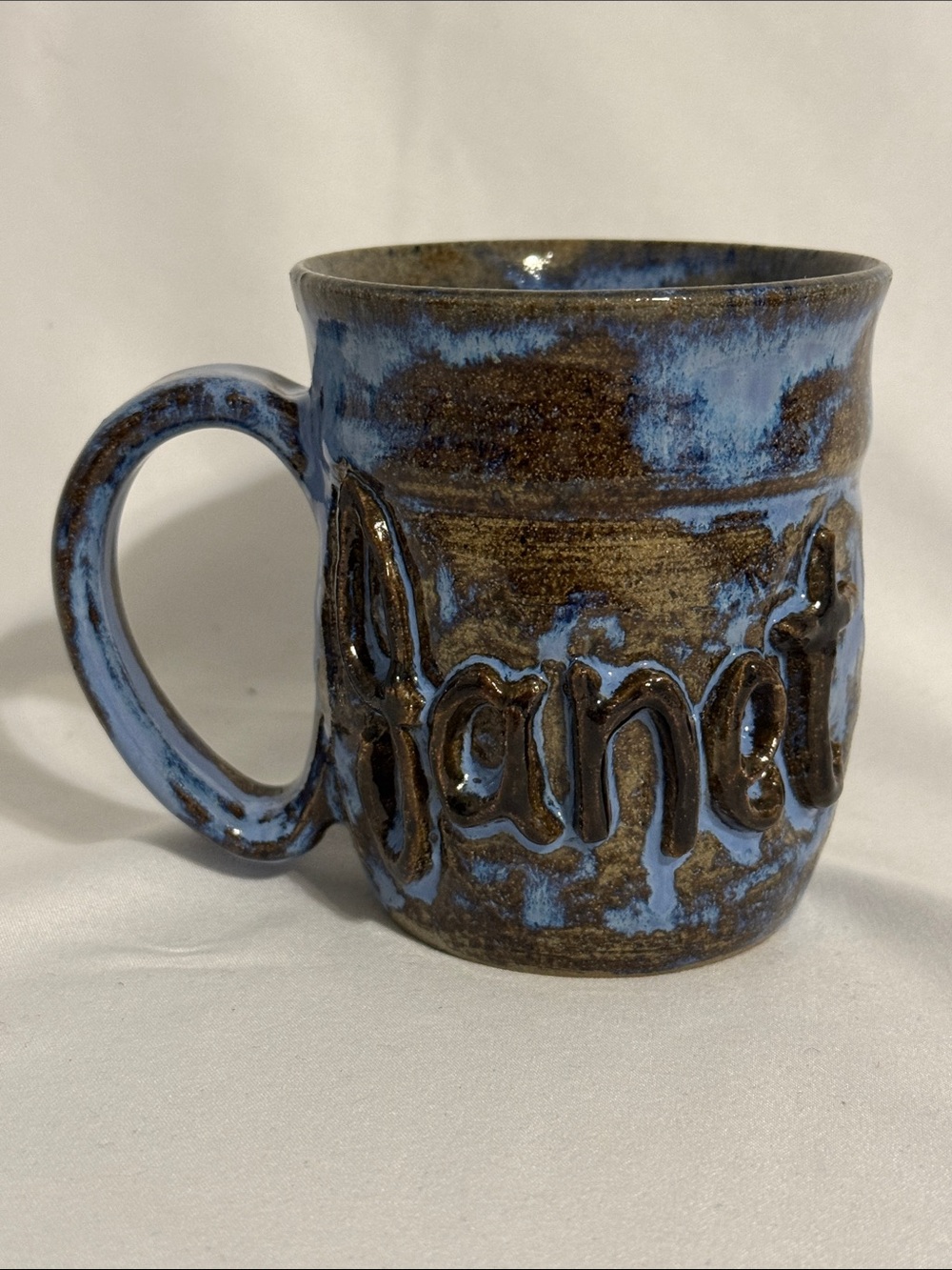 Vintage Custom Studio Pottery Mug Blue Brown Glaze Stoneware Personalized JANET